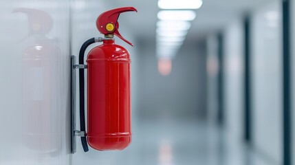 Obraz premium A red fire extinguisher mounted on a wall in a brightly lit corridor.