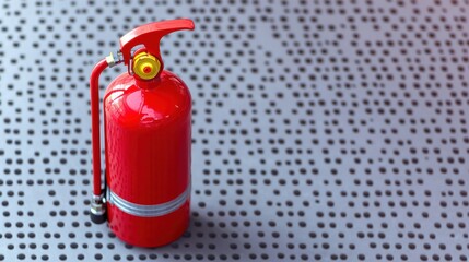 Obraz premium A bright red fire extinguisher sits on a textured gray surface, ready for use in emergencies.