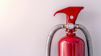 Obraz premium A red fire extinguisher is mounted against a light wall, ready for emergency use, symbolizing safety and fire prevention.