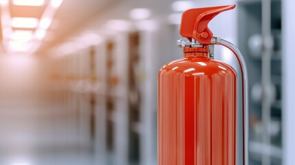 Obraz premium A red fire extinguisher is prominently displayed in a modern, well-lit corridor, emphasizing safety and fire prevention in a commercial space.