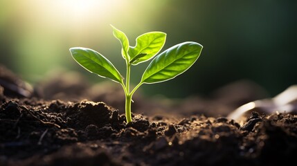 Young Plant with Vibrant Green Leaves in Sunlit Soil