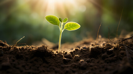 Fototapeta premium Young Plant with Vibrant Green Leaves in Sunlit Soil