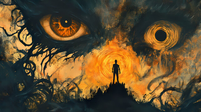 Enigmatic and symbolic shadows in infernal illumination. Infernal. Illustration