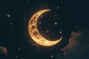 Fototapeta premium Golden Crescent Moon Amidst a Starry Night Sky