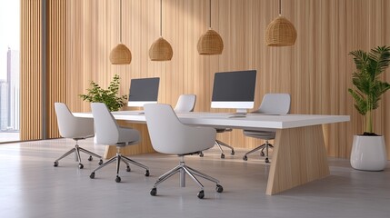 Fototapeta premium A modern, stylish office space featuring sleek furniture, natural light, and a warm wooden interior design.