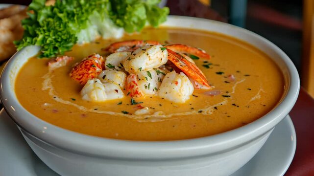 Savory seafood bisque featuring shrimp and lobster served in a bowl with fresh greens