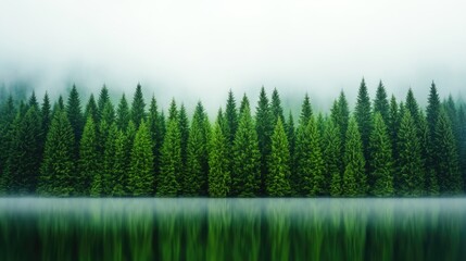 Obraz premium A serene forest landscape reflected on calm water, shrouded in mist, creating a tranquil and peaceful atmosphere.