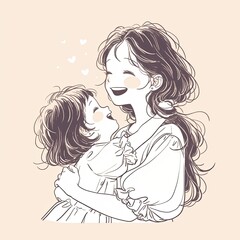 Illustration of a mother and child laughing and embracing surrounded by hearts