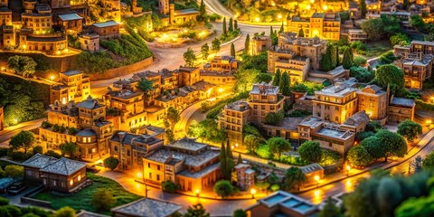 Fototapeta premium Night Lights Miniature Cityscape Architectural Model, Warm Lighting, Winding Roads, Night Photography Miniature Photography, Model Making