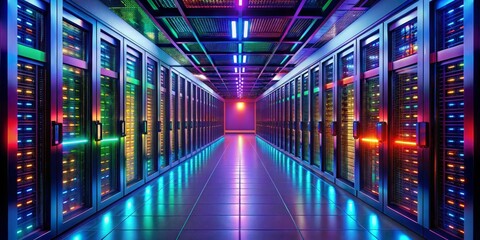 Fototapeta premium Neon-Lit Server Room Symmetrical Composition, Vibrant RGB Lighting, Data Center Concept Data Center, Server Room