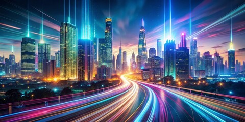 Fototapeta premium Neon Cityscape Light Trails and Skyscrapers, Night City, Urban Fantasy Cityscape, Lightscapes