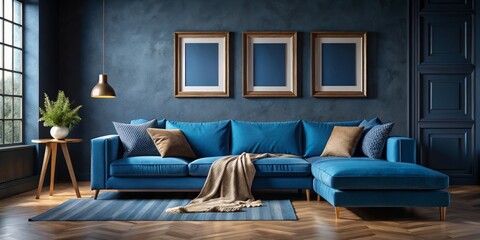 Moody Blue Living Room Sectional Sofa, Herringbone Floor, Triptych Frames, Interior Design, Home Decor Interior Design, Home Decor