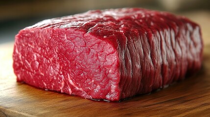 A large red piece of raw beef on a wooden cutting board.