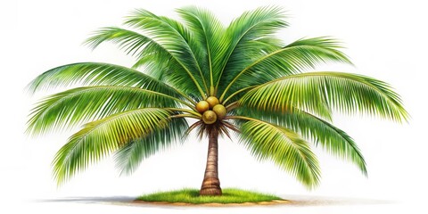 Obraz premium Lush Green Coconut Palm Tree Digital Illustration, Tropical Paradise, Island Scene, Coconuts, Palm Leaves. Keywords Coconut Palm, Tropical Illustration