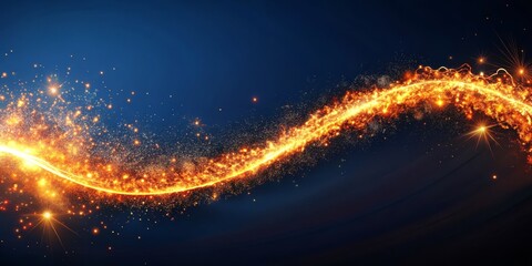 Obraz premium Golden Sparkler Wave Abstract Digital Art, Dark Blue Background, Energetic Composition, Glowing Particles Abstract, Particle Effect