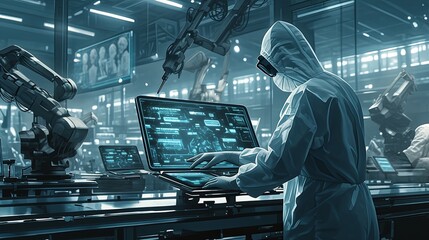 Female technician in coveralls with digital interface in futuristic factory setting