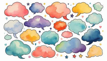 Obraz premium multicolored cute Watercolor speech bubbles, dialog cloud Set. clipart stikers Collection on transparent background. window for thoughts, ideas, conversations for web design, scrapbooking 