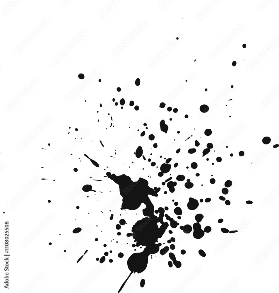 Poster black ink splattering on white background, creating abstract design element with various shapes and 