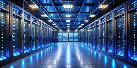 Obraz premium Data Center Corridor Blue Lit Servers, Modern Architecture, High-Tech Concept, Data Storage Data center, server room