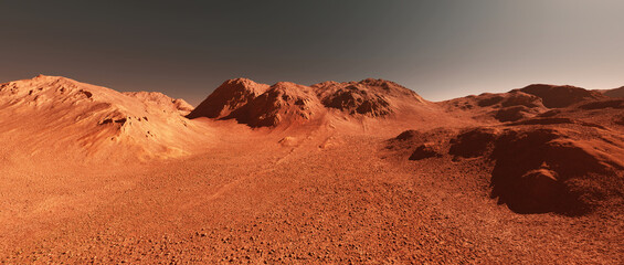 Planet mars illustration, orange red eroded mars surface, science fiction 3D illustration background. © Cobalt