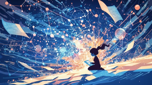 Girl in digital space surrounded by creative ideas and inspiration