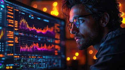 Focused businessman analyzing data on futuristic computer screens in a dark room