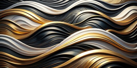Fototapeta premium Abstract Gold Black White Wave Composition, 3D Render,Luxury Background ,Abstract Art Abstract art, 3D render