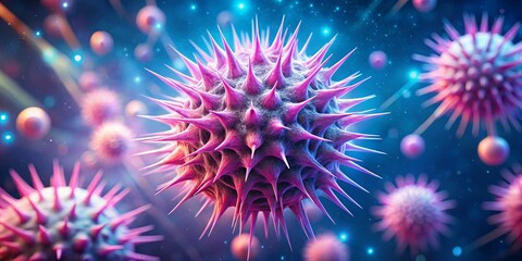 Obraz premium 3D Render of Spiky Virus, Purple and Blue Hues, Microscopic Concept, Viral Particle, Infection Virus, Microbiology