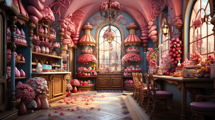 Obraz premium Whimsical Pink Pastry Shop with Elegant Decor 