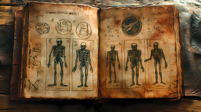 Throughout an ancient leather bound book are cryptic symbols and illustrations of spectral figures. Spectral. Illustration
