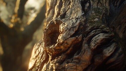 Golden Sunlight Illuminates Ancient Tree Bark Texture