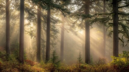 Obraz premium Foggy Morning in a Dense Pine Forest with Sun Rays Mystical Foggy Mornings ,Winter seasson, Happy New Year, Happy christmass