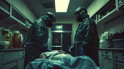 Two medical professionals in protective gear attempt resuscitation in an emergency room setting