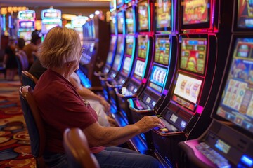 Naklejka premium An elderly woman enjoys playing slots in a vibrant, colorful casino