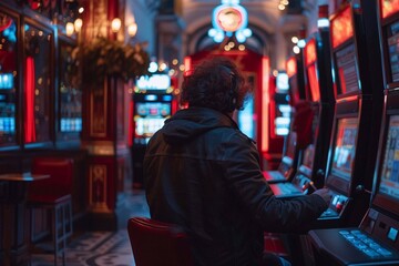 Fototapeta premium In a bustling casino, an individual focuses intently on the glowing slot machines while seated