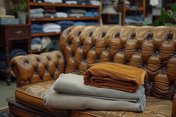 Obraz premium Leather sofa is being prepared for dry cleaning with stacked towels beside it in a neat setting