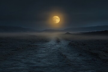Moonlit Path Across a Desolate and Misty Landscape