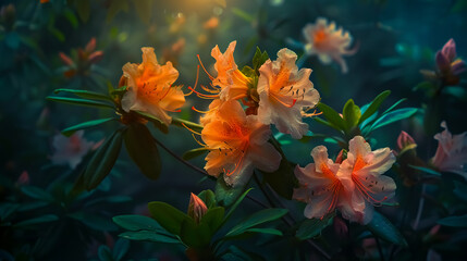 Fototapeta premium Summer azalea and rhododendron flowers as natural treasures, set against a dark background with mystical lighting