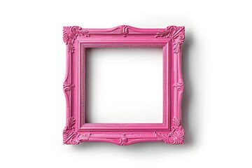 Pink vintage wood photo frame top view on white background.