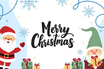 Merry Christmas banner with Santa Claus, cheerful gnome, gift boxes and delicate snowflakes. Cute Christmas lettering in vector cartoon style. For banners, cards, invitations.