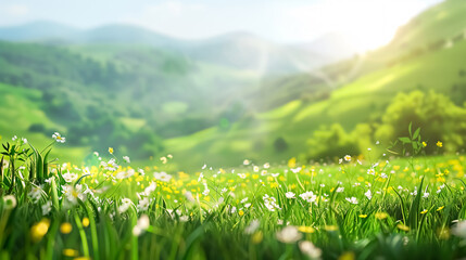 A summer meadow landscape with green grass, sunshine, and wildflowers, all captured in a blurred background