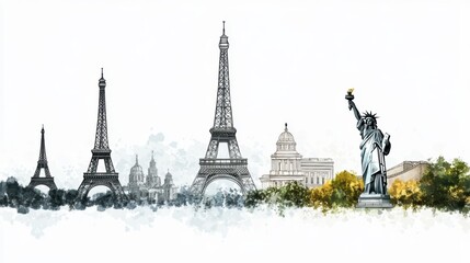 Famous landmarks in simple line illustrations cultural icons urban landscape travel art millennial gray style