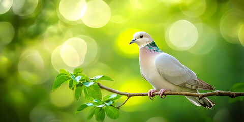 Fototapeta premium Serene Dove Perched on a Branch with Sunlit Backdrop