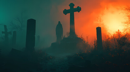Podium made of ancient bones, shrouded in a soft orange glow, with a spectral figure standing behind, in a misty graveyard, halloween horror, 3d render. Spectral. Illustration