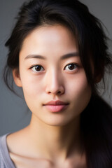 Fototapeta premium Portrait of Asian Ethnicity Woman with Soft Features, Warm Smile and Elegant Hairstyle on Neutral.