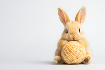Fototapeta premium Bunny playing with a ball of yarn, showcasing a cute and playful moment, with soft textures and a cozy, charming atmosphere