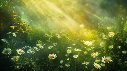 A summer meadow with daisies, set against a background of natural treasures and mystical light