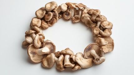 Obraz premium A creative arrangement of mushrooms forming a circle on a flat white backdrop.
