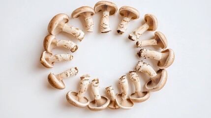 Obraz premium A creative arrangement of mushrooms forming a circle on a flat white backdrop.