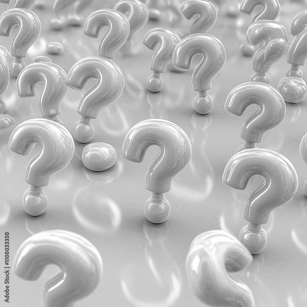 Aufkleber Many question marks in 3D rendering. Business ideas, concepts. Endless inquiries, innovations. Abstract illustration for tech, business themes. Modern tech visualization of indefinite questions.